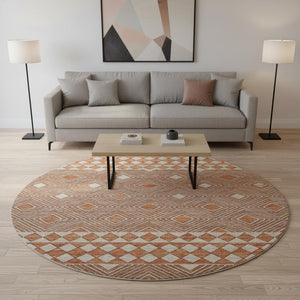 HomeRoots 8' Burnt Sienna and Ivory Geometric Round Rug - Washable, UV Protected, Perfect for Homes & Patios 644757