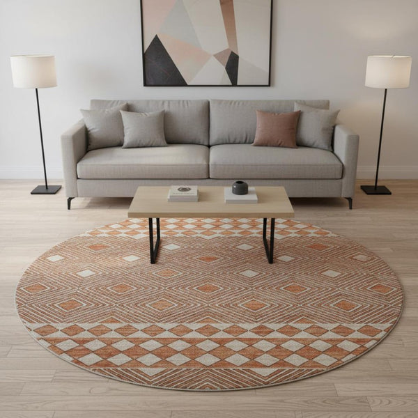 HomeRoots 8' Burnt Sienna and Ivory Geometric Round Rug - Washable, UV Protected, Perfect for Homes & Patios 644757