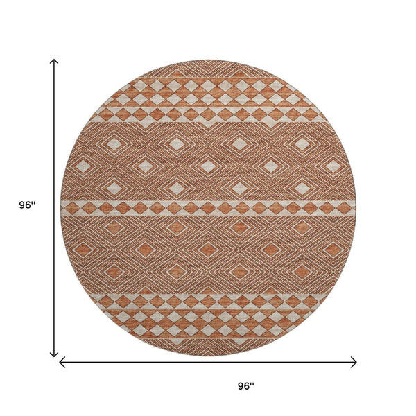 HomeRoots 8' Burnt Sienna and Ivory Geometric Round Rug - Washable, UV Protected, Perfect for Homes & Patios 644757
