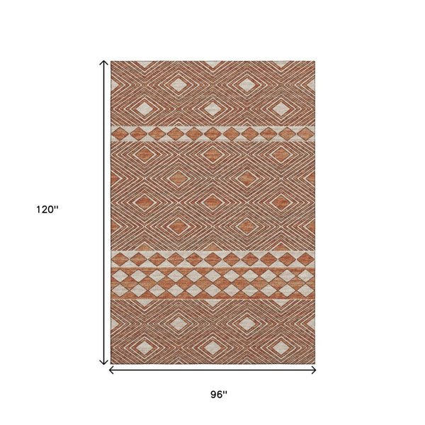 HomeRoots 8' X 10' Stylish Burnt Sienna & Ivory Geometric Area Rug – Washable, UV-Protected for Busy Homes! 644758