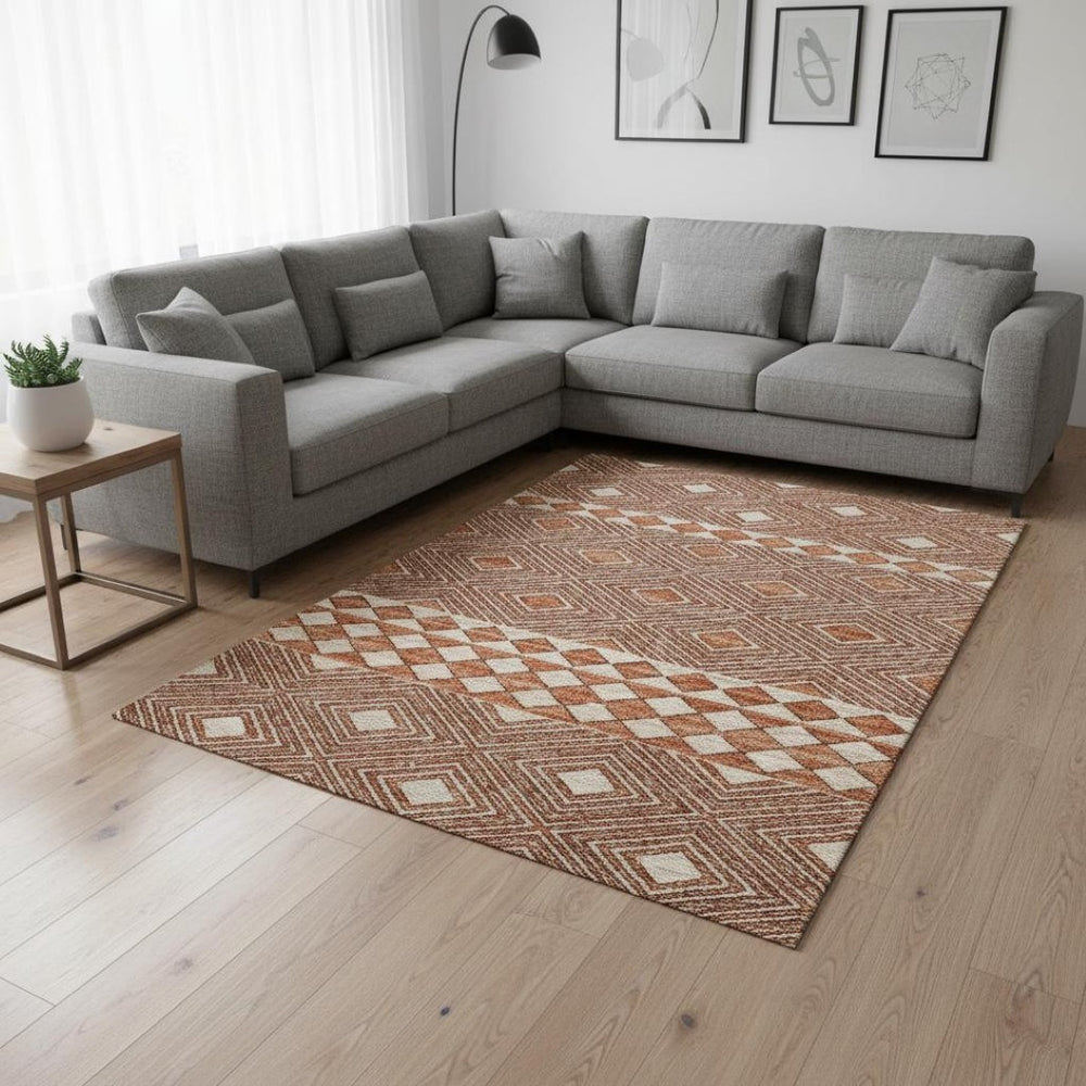 HomeRoots 8' X 10' Stylish Burnt Sienna & Ivory Geometric Area Rug – Washable, UV-Protected for Busy Homes! 644758