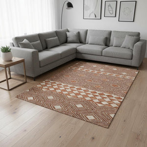 HomeRoots 8' X 10' Stylish Burnt Sienna & Ivory Geometric Area Rug – Washable, UV-Protected for Busy Homes! 644758