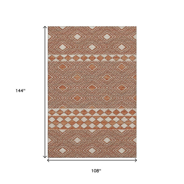 HomeRoots 9' X 12' Burnt Sienna Geometric Area Rug – Washable, UV Protected, Durable for Busy Homes & Spaces 644759