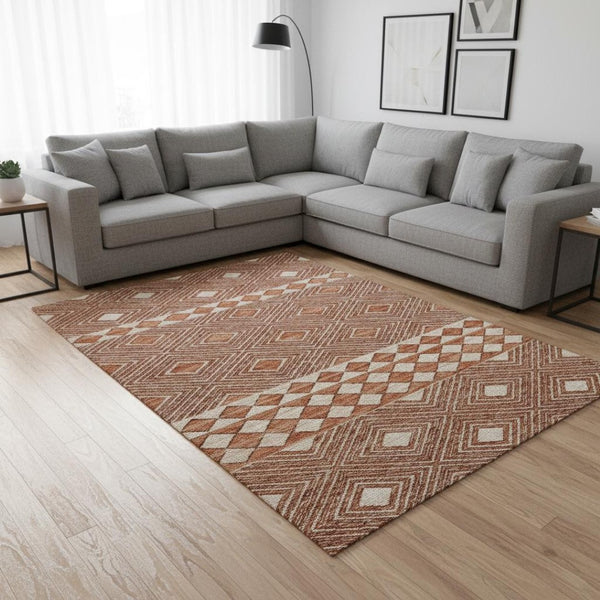 HomeRoots 9' X 12' Burnt Sienna Geometric Area Rug – Washable, UV Protected, Durable for Busy Homes & Spaces 644759