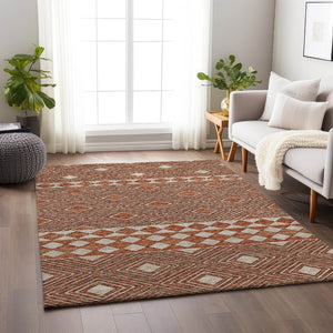 HomeRoots 10' Modern Burnt Sienna & Ivory Geometric Washable Area Rug with UV Protection for Busy Homes 644760