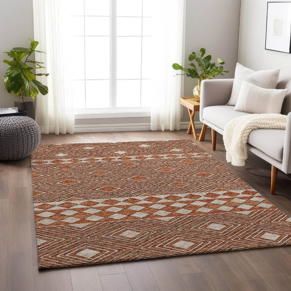 HomeRoots 10' Modern Burnt Sienna & Ivory Geometric Washable Area Rug with UV Protection for Busy Homes 644760