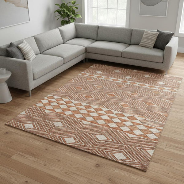 HomeRoots 10' Modern Burnt Sienna & Ivory Geometric Washable Area Rug with UV Protection for Busy Homes 644760