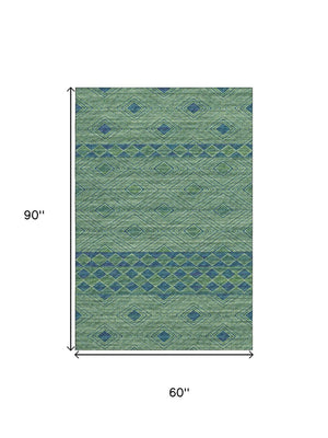 HomeRoots 5' X 8' Modern Geometric Washable Area Rug in Green & Navy - Durable, UV-Protected, Easy-Care Design 644762