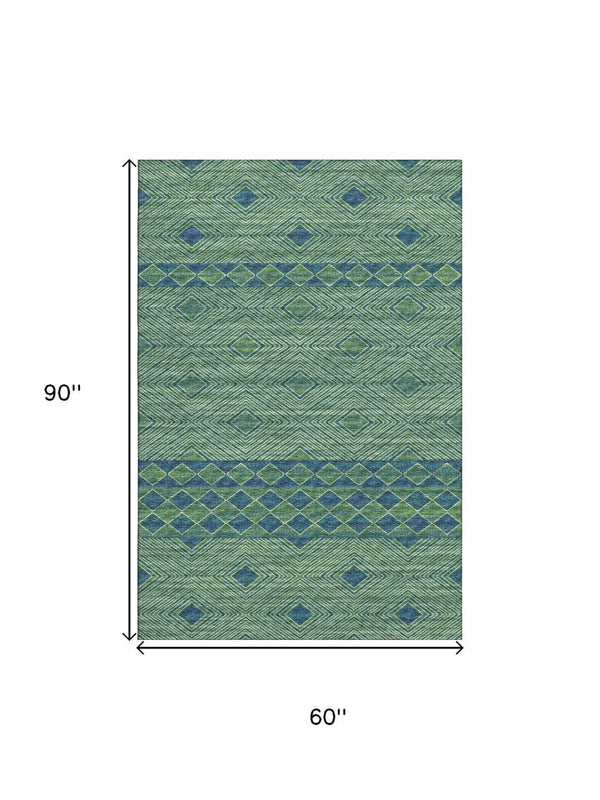 HomeRoots 5' X 8' Modern Geometric Washable Area Rug in Green & Navy - Durable, UV-Protected, Easy-Care Design 644762