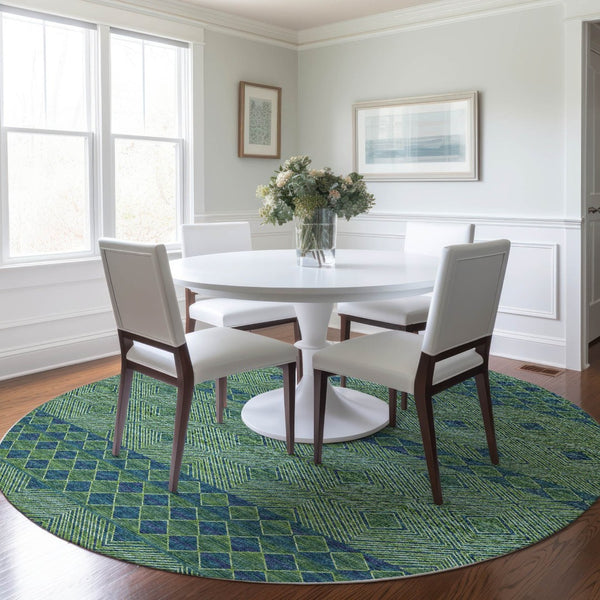 HomeRoots 8' Stylish Green and Navy Blue Geometric Washable Round Rug with UV Protection for High-Traffic Areas 644763