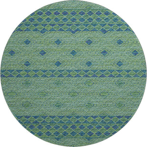 HomeRoots 8' Stylish Green and Navy Blue Geometric Washable Round Rug with UV Protection for High-Traffic Areas 644763