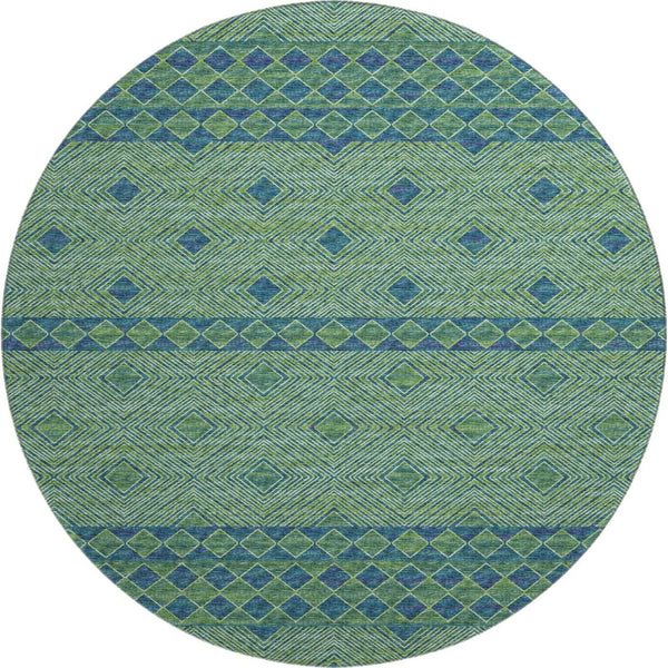 HomeRoots 8' Stylish Green and Navy Blue Geometric Washable Round Rug with UV Protection for High-Traffic Areas 644763