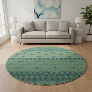HomeRoots 8' Stylish Green and Navy Blue Geometric Washable Round Rug with UV Protection for High-Traffic Areas 644763