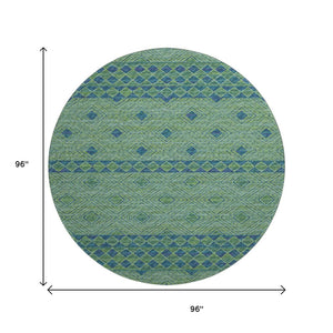HomeRoots 8' Stylish Green and Navy Blue Geometric Washable Round Rug with UV Protection for High-Traffic Areas 644763