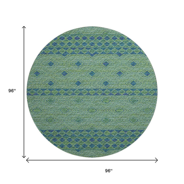 HomeRoots 8' Stylish Green and Navy Blue Geometric Washable Round Rug with UV Protection for High-Traffic Areas 644763