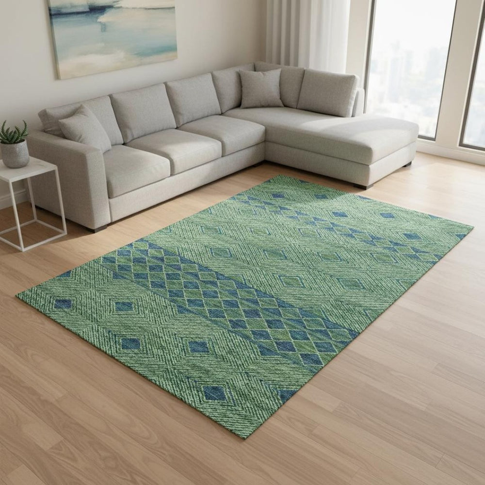 HomeRoots 8' X 10' Stylish Green & Navy Geometric Washable Area Rug with UV Protection for Modern Spaces 644764