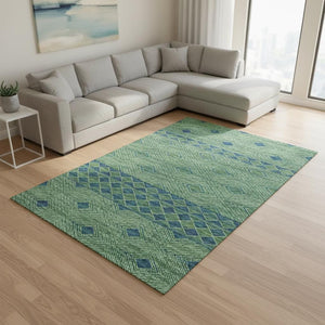 HomeRoots 8' X 10' Stylish Green & Navy Geometric Washable Area Rug with UV Protection for Modern Spaces 644764