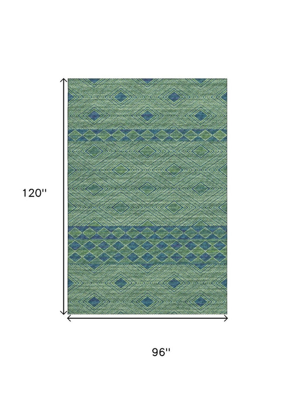 HomeRoots 8' X 10' Stylish Green & Navy Geometric Washable Area Rug with UV Protection for Modern Spaces 644764