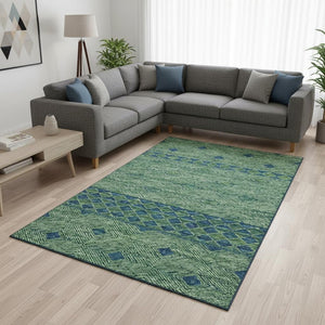 HomeRoots 9' X 12' Green and Navy Blue Washable Geometric Area Rug with UV Protection for Busy Homes 644765
