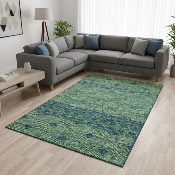HomeRoots 9' X 12' Green and Navy Blue Washable Geometric Area Rug with UV Protection for Busy Homes 644765