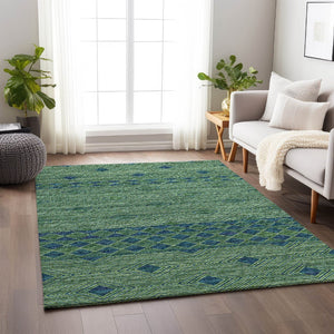 HomeRoots 10' X 14' Geometric Washable Area Rug in Green & Navy Blue – Durable, Stain Resistant, UV Protected! 644766