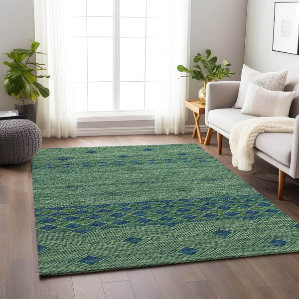 HomeRoots 10' X 14' Geometric Washable Area Rug in Green & Navy Blue – Durable, Stain Resistant, UV Protected! 644766