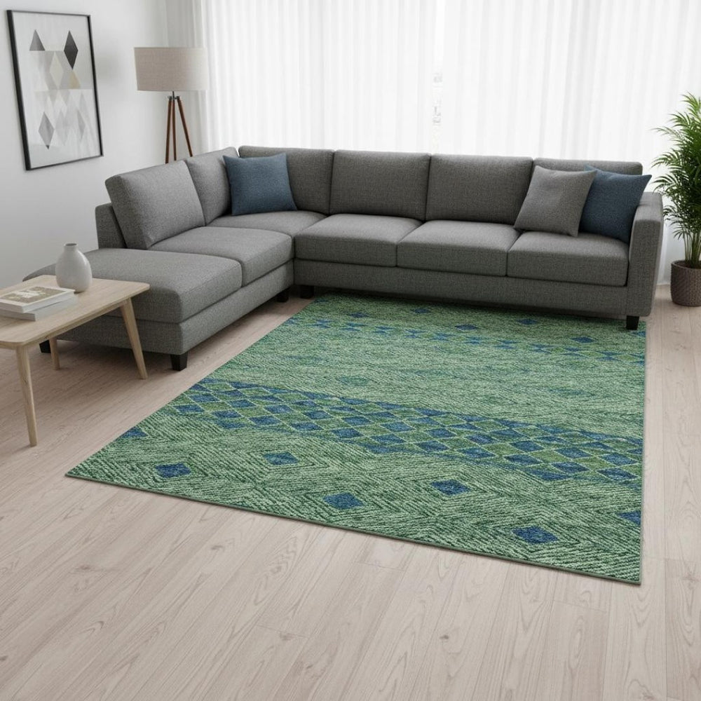 HomeRoots 10' X 14' Geometric Washable Area Rug in Green & Navy Blue – Durable, Stain Resistant, UV Protected! 644766