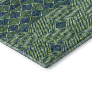 HomeRoots 10' X 14' Geometric Washable Area Rug in Green & Navy Blue – Durable, Stain Resistant, UV Protected! 644766