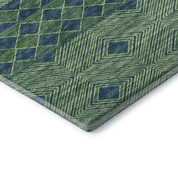 HomeRoots 10' X 14' Geometric Washable Area Rug in Green & Navy Blue – Durable, Stain Resistant, UV Protected! 644766
