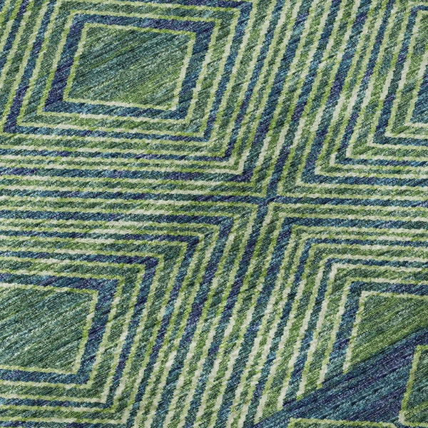 HomeRoots 10' X 14' Geometric Washable Area Rug in Green & Navy Blue – Durable, Stain Resistant, UV Protected! 644766