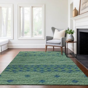 HomeRoots 10' X 14' Geometric Washable Area Rug in Green & Navy Blue – Durable, Stain Resistant, UV Protected! 644766