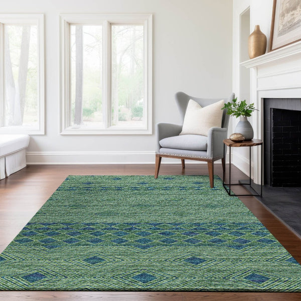 HomeRoots 10' X 14' Geometric Washable Area Rug in Green & Navy Blue – Durable, Stain Resistant, UV Protected! 644766