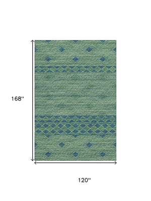 HomeRoots 10' X 14' Geometric Washable Area Rug in Green & Navy Blue – Durable, Stain Resistant, UV Protected! 644766