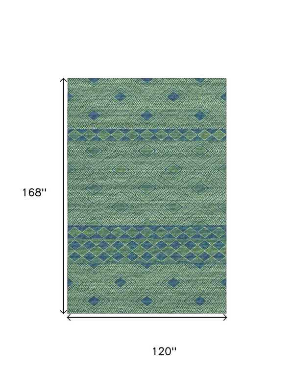 HomeRoots 10' X 14' Geometric Washable Area Rug in Green & Navy Blue – Durable, Stain Resistant, UV Protected! 644766