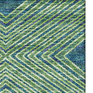 HomeRoots 10' X 14' Geometric Washable Area Rug in Green & Navy Blue – Durable, Stain Resistant, UV Protected! 644766
