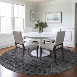 HomeRoots 8' Modern Geometric Round Rug in Gray & Black - Washable, UV-Protected, Stain-Resistant Comfort 644769