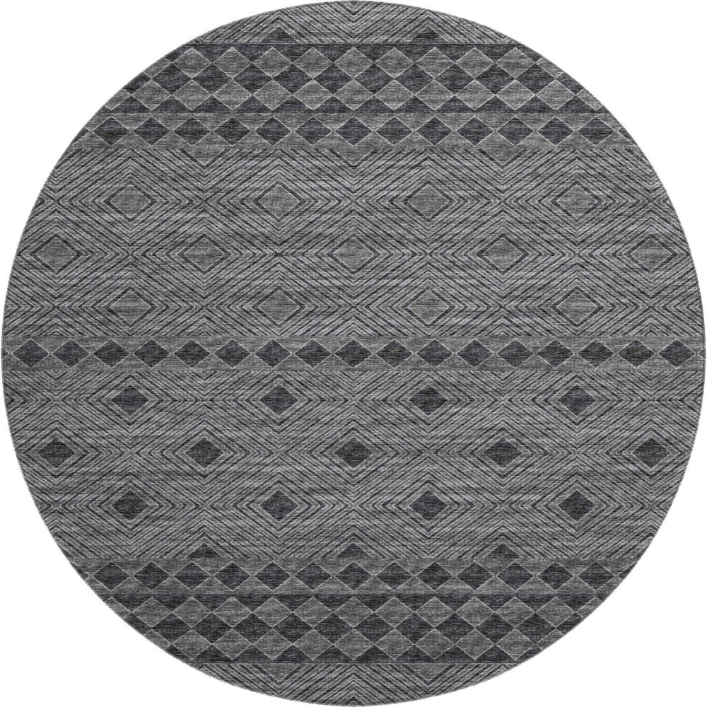 HomeRoots 8' Modern Geometric Round Rug in Gray & Black - Washable, UV-Protected, Stain-Resistant Comfort 644769