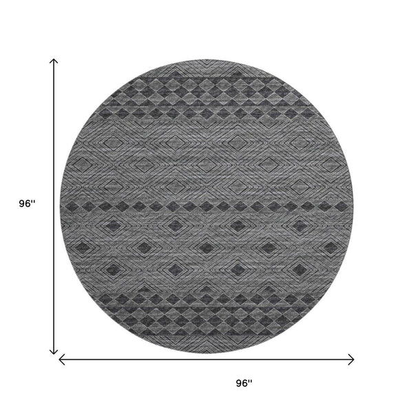 HomeRoots 8' Modern Geometric Round Rug in Gray & Black - Washable, UV-Protected, Stain-Resistant Comfort 644769