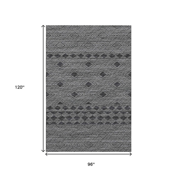 HomeRoots 8' X 10' Gray and Black Geometric Area Rug - Washable, Stain-Resistant, UV Protected for Modern Spaces 644770
