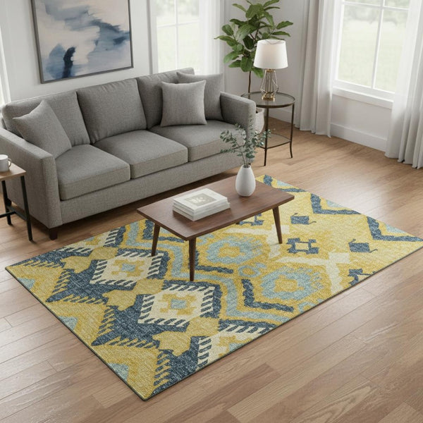 HomeRoots 5' X 8' Tribal Area Rug in Yellow, Ivory & Navy Blue - Washable, UV Protected & Stain Resistant! 644780