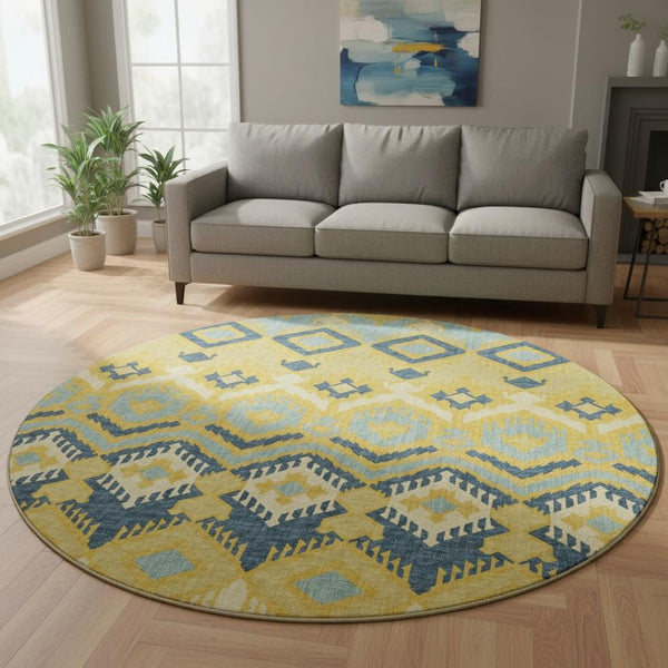 HomeRoots 8' Tribal Washable Round Rug in Yellow, Ivory & Navy Blue – UV Protected, Family-Friendly Design! 644781