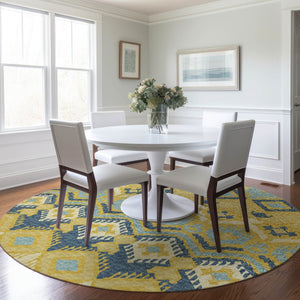 HomeRoots 8' Tribal Washable Round Rug in Yellow, Ivory & Navy Blue – UV Protected, Family-Friendly Design! 644781