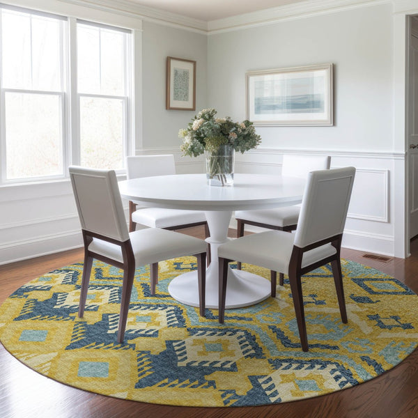 HomeRoots 8' Tribal Washable Round Rug in Yellow, Ivory & Navy Blue – UV Protected, Family-Friendly Design! 644781