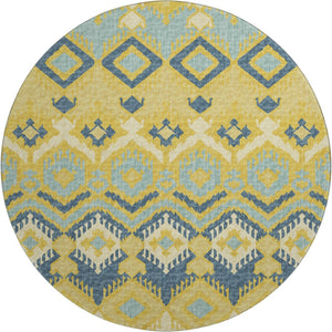 HomeRoots 8' Tribal Washable Round Rug in Yellow, Ivory & Navy Blue – UV Protected, Family-Friendly Design! 644781