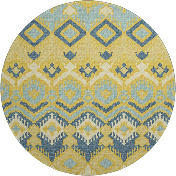 HomeRoots 8' Tribal Washable Round Rug in Yellow, Ivory & Navy Blue – UV Protected, Family-Friendly Design! 644781