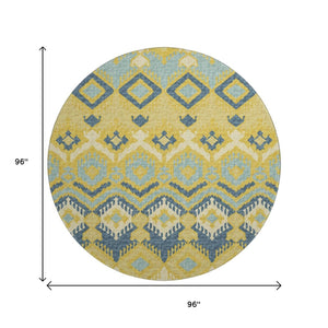 HomeRoots 8' Tribal Washable Round Rug in Yellow, Ivory & Navy Blue – UV Protected, Family-Friendly Design! 644781
