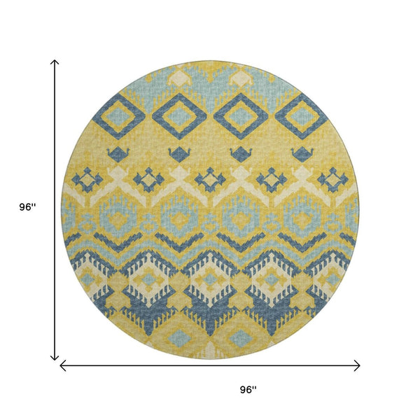 HomeRoots 8' Tribal Washable Round Rug in Yellow, Ivory & Navy Blue – UV Protected, Family-Friendly Design! 644781