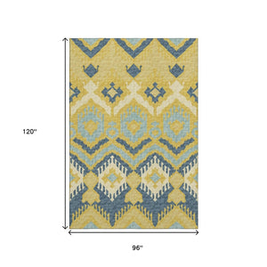 HomeRoots 8' X 10' Tribal Area Rug in Yellow, Ivory & Navy Blue - Washable, UV-Protected & Durable for Every Home 644782