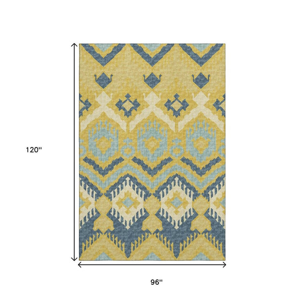HomeRoots 8' X 10' Tribal Area Rug in Yellow, Ivory & Navy Blue - Washable, UV-Protected & Durable for Every Home 644782