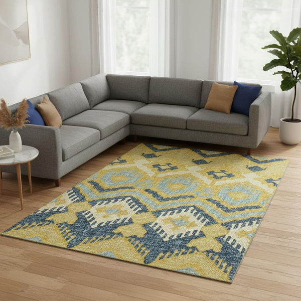 HomeRoots 8' X 10' Tribal Area Rug in Yellow, Ivory & Navy Blue - Washable, UV-Protected & Durable for Every Home 644782